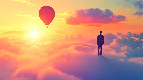 Silhouetted figure on cloud plane observing balloon in saturated sunset