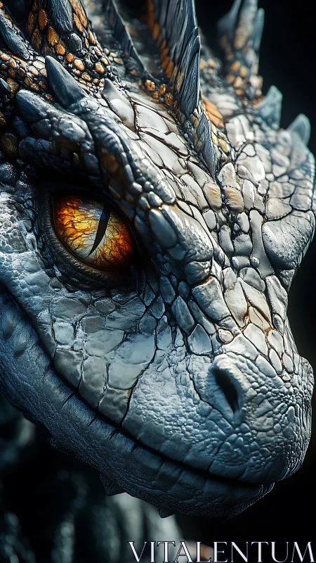 Gentle dragon close‑up with glowing molten amber eye.