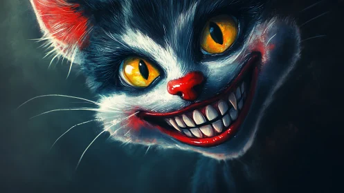 Smiling cat with glowing eyes shares a wildly playful grin