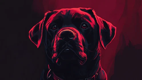 Gentle black dog glows softly in vivid red studio light