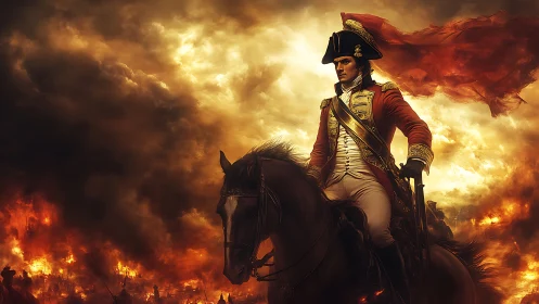 Mounted officer in red uniform amid burning battlefield.