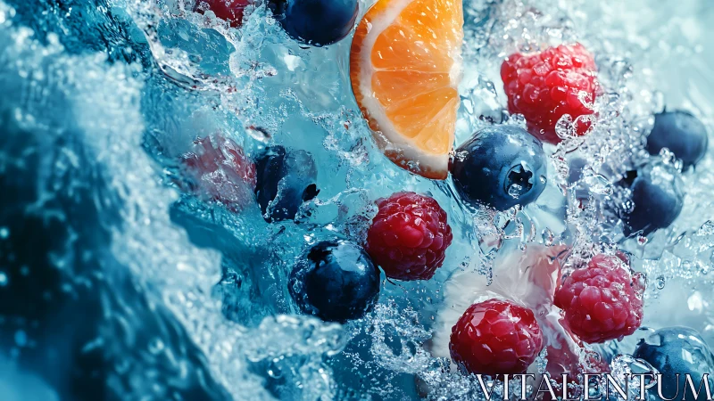 Citrus wedge and mixed berries suspended in dynamic water splash