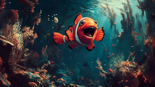 Clownfish swims through dense coral reef with open mouth