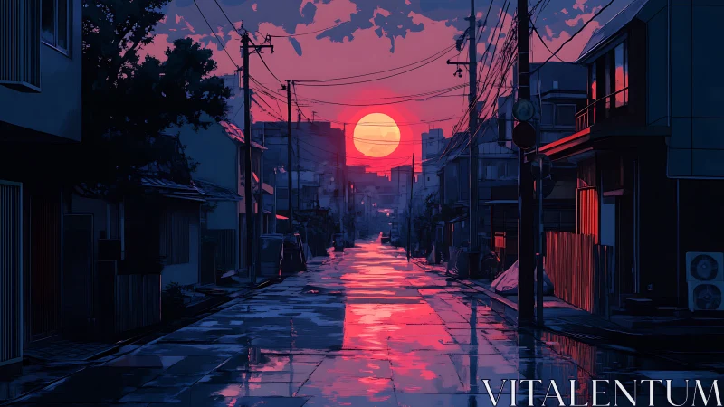 Neon dusk strolls quietly down a rain slick city street