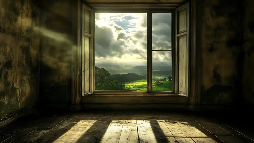 Sunlit rural landscape framed by decayed interior window aperture