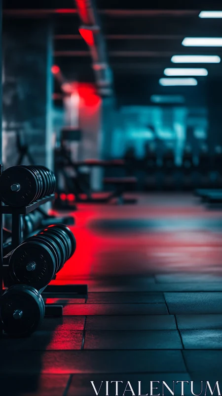 Low-key gym interior isolates dumbbell rack under neon red-blue contrast