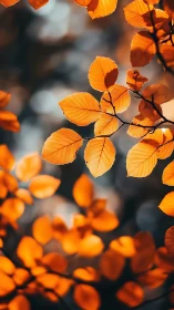 Backlit autumn leaves suspended in soft forest bokeh.