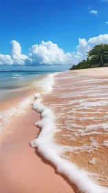 Photorealistic pink shoreline with dynamic wave perspective.