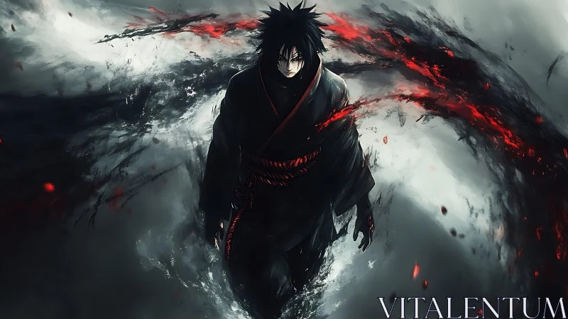 Dark robed figure amid swirling black and red energy field.