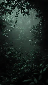 Misty Forest Passage Through Shadowed Foliage.