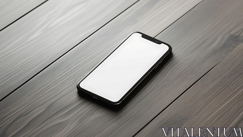 Black smartphone with blank white screen on wooden desk.