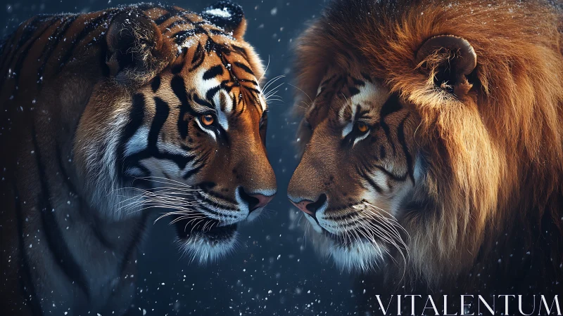 Juxtaposed Feline Predators: Tiger and Lion Facial Confrontation Study.