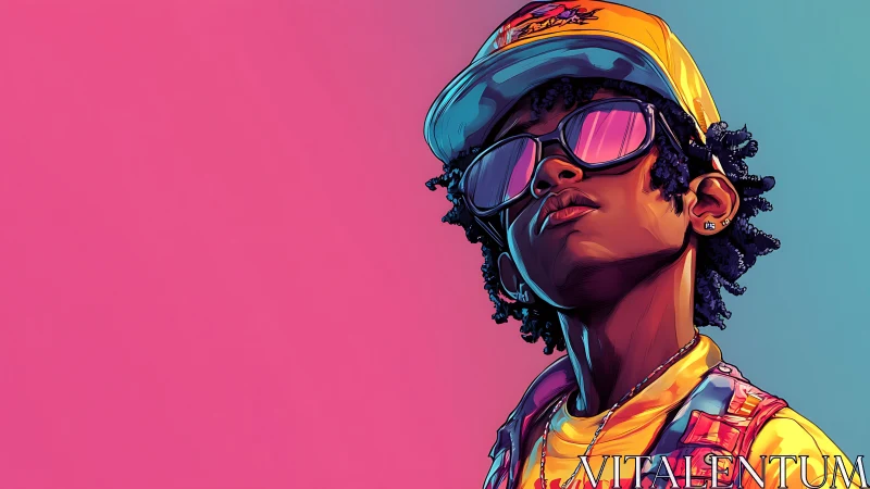 Confident streetwear kid under neon gradient backdrop.