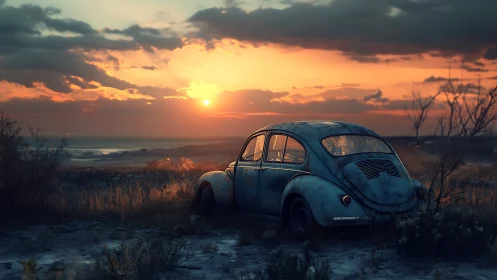 Rusty blue Beetle parked in lonely coastal sunset field.