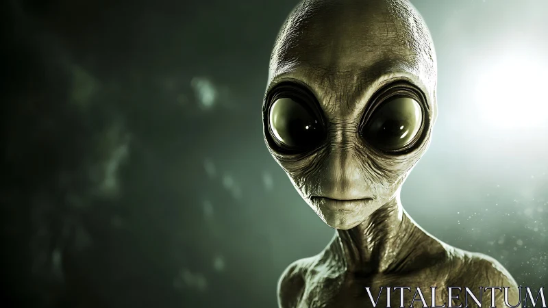 Alien portrait with large reflective eyes in green light.