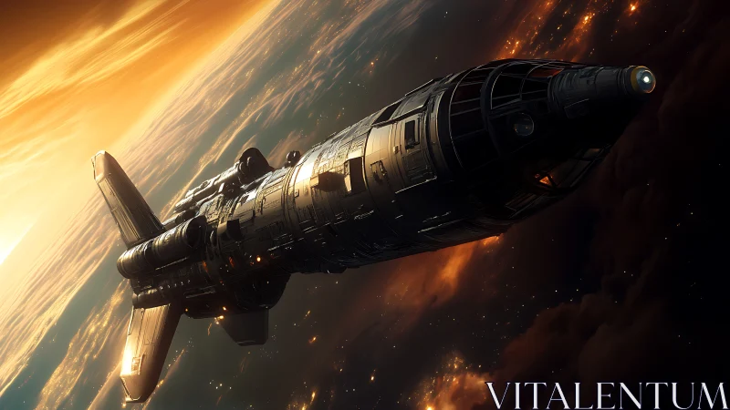 Futuristic spacecraft in low orbit above illuminated planet.