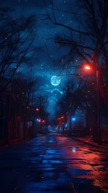 Midnight rain street dreaming under neon moonscape hush.