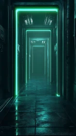 Cyan illuminated sci fi corridor with recursive light portals