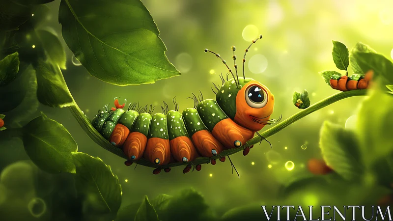 Green and orange caterpillar on leaf in stylized forest.