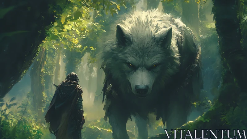 Forest wanderer and giant wolf share a quiet truce.