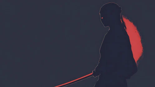 Backlit katana wielder silhouette in minimalist red glow