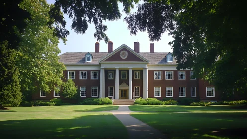 Neoclassical brick campus hall framed by lush summer trees.