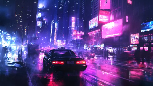 Neon rainstorm cradles a lone taxi in electric midnight streets.