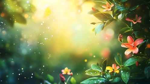 Golden Sunlit Garden: Vibrant Florals With Bokeh Light Effects.