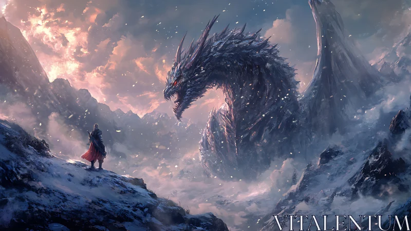 Lone warrior confronts colossal ice dragon in stormy peaks.