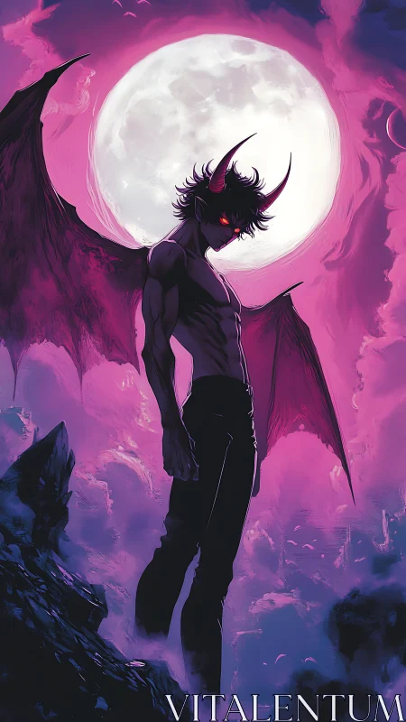 Demonic winged figure stands before large moon in pink sky