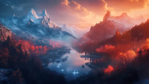 Sunset-illuminated alpine valley with reflective lake and volumetric haze