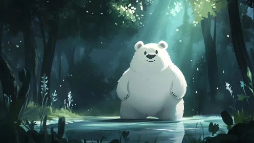 Smiling white bear in sunlit forest pond centerpiece