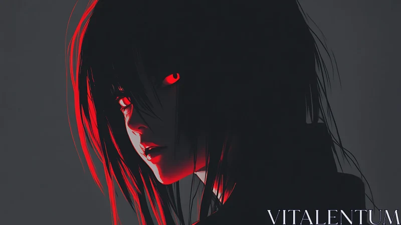 Red-eyed shadowed girl gazes back in stark neon light.