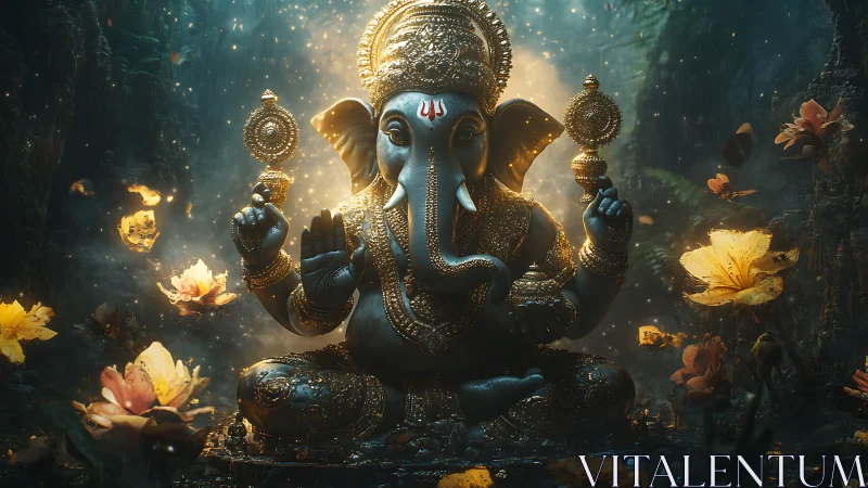 Divine Ganesha idol glows in mystical forest sanctuary light