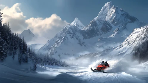 Snowy mountain escape with a bright red snowmobile ride.