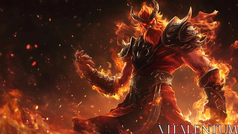 Infernal horned warlord in molten armor amid eruptive flames