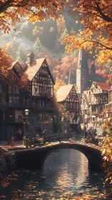 Riverside village with bridge and autumn hillside backdrop.