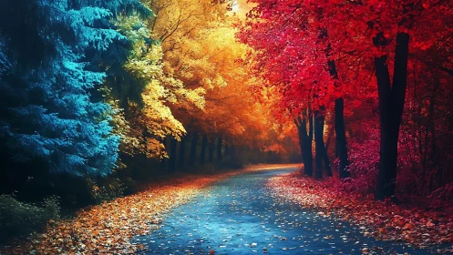 Color-kissed forest path curls through vivid autumn light