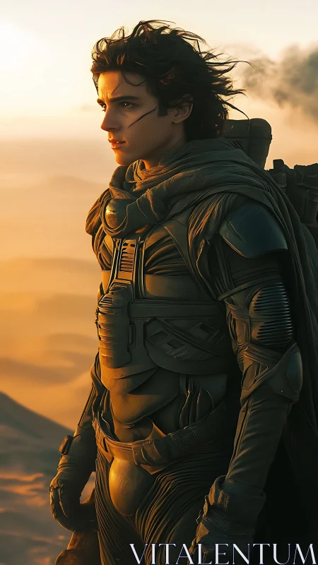 Desert warrior in armored suit gazes across glowing dunes
