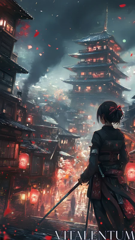 Samurai watches burning lantern city under stormy night sky.