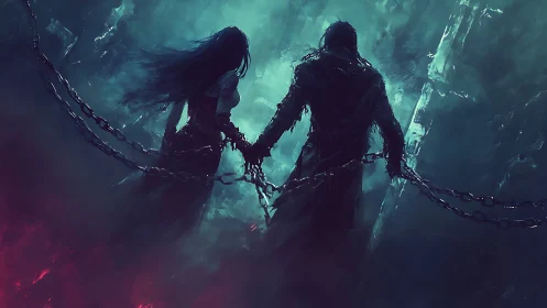 Two chained silhouettes walking through a glowing abyss together.
