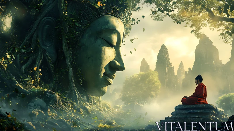 Monk meditates before colossal forest Buddha at dawn