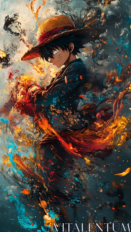 Straw hat anime hero in dynamic fiery splash explosion