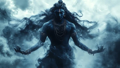 Blue-toned ethereal figure stands centered amid swirling mist