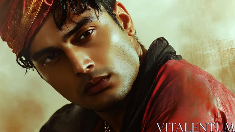 Cinematic close-up portrait of young man in red turban