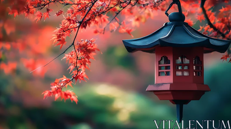 Gentle red lantern glows softly among vivid autumn leaves