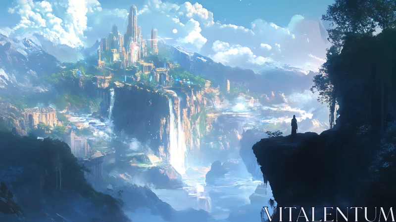 Glistening cliffside kingdom bathed in soft morning light.