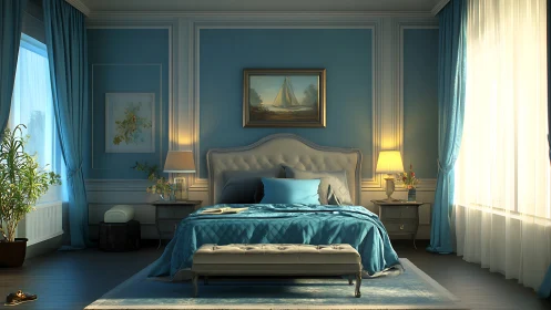 Blue bedroom interior shows centered bed with warm lighting