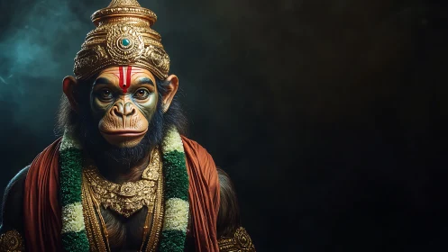 Simian figure in ornate ceremonial attire against dark field.