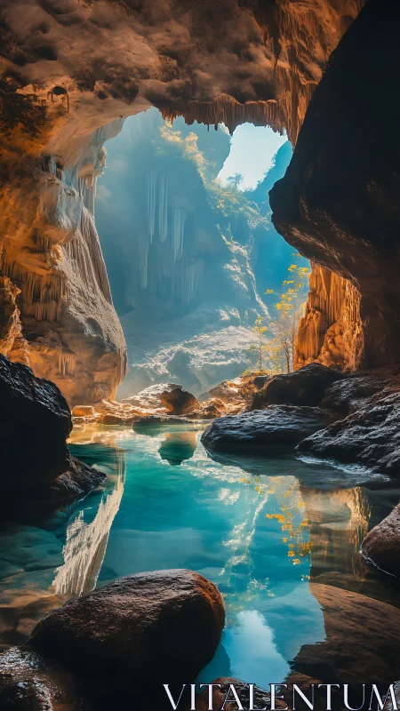 Luminescent karst cave pool with volumetric light scattering